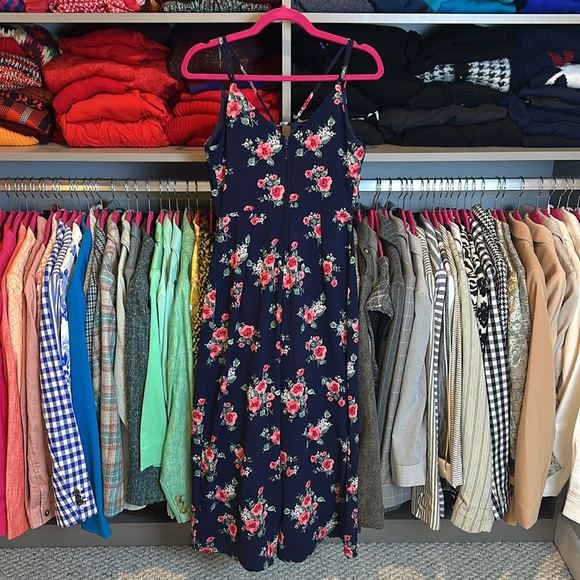 Love, Nikki Lew navy/pink floral back zipper closure cropped jumpsuit size S - Picture 3 of 3